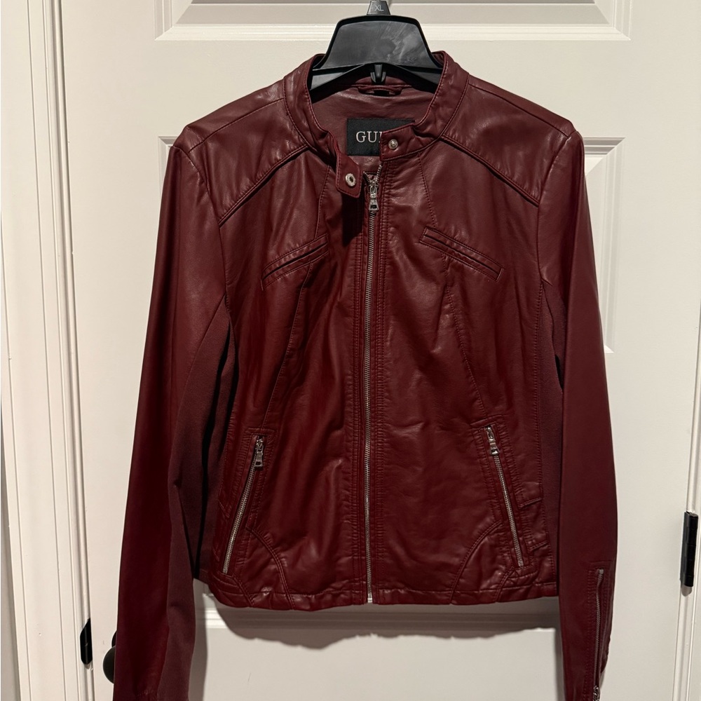 Guess Women's Burgundy Faux Leather Moto Jacket